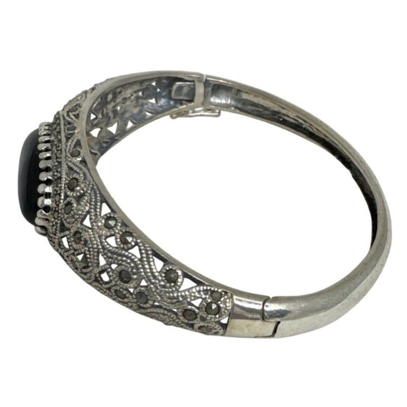 Antique Silver-Tone Filigree Bracelet With Black Onyx Stone Oval Centerpiece - Picture 6 of 6